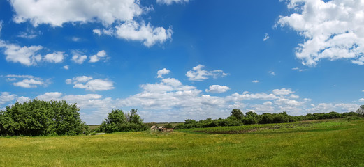 Village panorama spring - spacious green meadow, blue sky with clouds, With copy text.