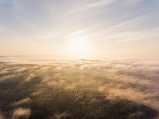 Early morning aerial view over city Druskininkai, Lithuania. City cover in summer fog clouds.