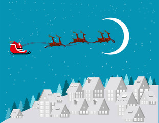 Fototapeta na wymiar Merry Christmas. Santa Claus flying on the sky coming to urban land scape city village and snow in the winter season. Concept holiday vector illustration. Paper art style.