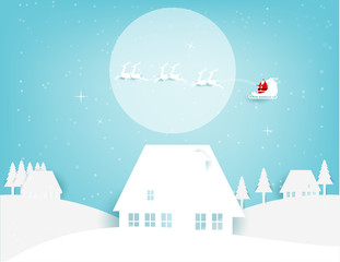 Fototapeta na wymiar Merry Christmas. Santa Claus flying on the moon and snow in the winter season. Concept holiday vector illustration. Paper art style.
