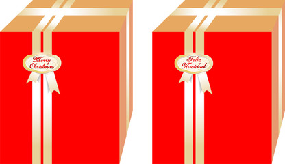 Simple and elegant Christmas gifts boxes of red color, decorated with golden ribbon around