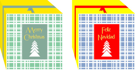 Simple and elegant Christmas gifts boxes , decorated with trees and ribbon around, green, yellow, blue and red "Happy new year" written in Spanish and English languages