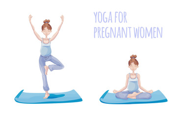 Yoga for pregnant woman. Young pregnant woman practicing yoga in Lotus pose and tree pose. Vector Illustration, isolated on white background.