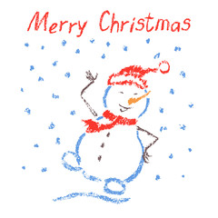 Crayon like child's drawing merry christmas funny smiling dancing snowman with lettering and falling snowflakes. Pastel hand painting. Like kids drawing vector illustration.