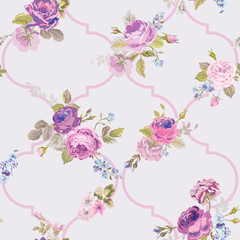 Violet Roses Barocco Flowers Background Violet. Seamless Floral Renaissance Pattern in vector