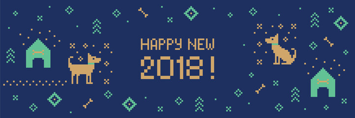 Chinese happy new year 2018 cross stitch greeting internet banner with dog. Pixel art
