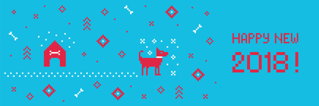 Chinese happy new year 2018 cross stitch greeting internet banner with dog. Pixel art