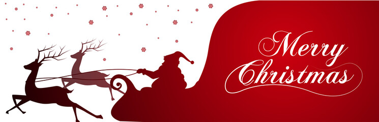Fototapeta premium Silhouette with Santa Claus and bag full of gifts on winter background. Cartoon scene.lettering of Merry Christmas.vector