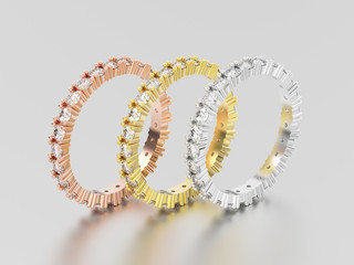 3D illustration three rose, yellow and white gold eternity band diamond rings with reflection and shadow