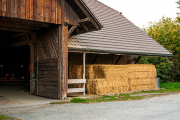 Fototapeta na wymiar Wooden barn with hay. Autumn. The harvest.