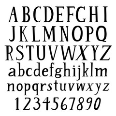 Serif hand drawn font: lower cases, upper cases and figures from 0 to 9. Black inked capital and small letters and numbers. Simple handdrawn classic alphabet.
