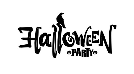 Vector type lettering of Halloween party with silhouette of Raven isolated on white background
