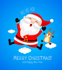 Santa Claus jumping with reindeer on the sky. Merry Christmas and happy new year. Illustration on blue background with cloud.