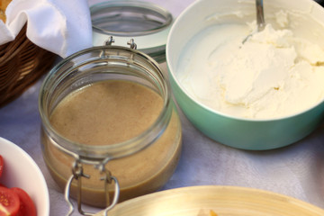 Homemade hazelnut cream and cream cheese, served for breakfast. Selective focus. 