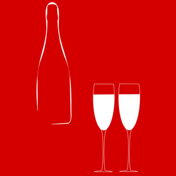 A champagne bottle and two glass of wine. White silhouette and red background. Vector illustration
