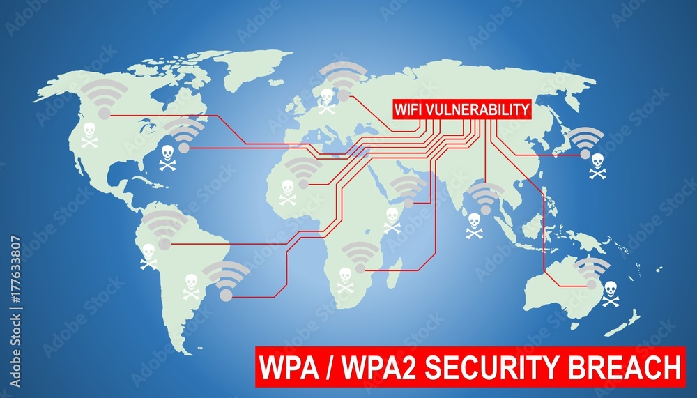 Poster illustration of wpa / wpa2 wireless protocol vulnerability krack is serious threat for wfii internet