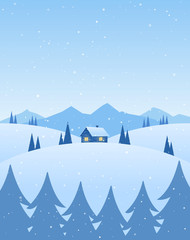 Obraz premium Vector illustration: Winter cartoon mountains landscape with house, pines and snowflakes.