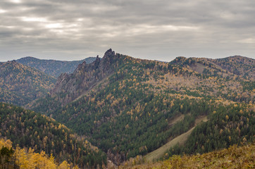 Mountain landscape on a cloudy autumn day in Russia, Syberia