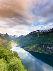 Fototapeta premium View on Geirangerfjord from Flydasjuvet viewpoint Norway