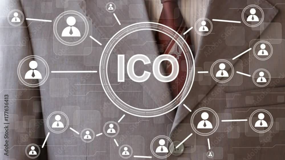 Poster businessman presses currencies button ico initial coin offering on virtual digital electronic user i