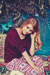 Fototapeta premium Girl on a rooftop in new year/Christmas