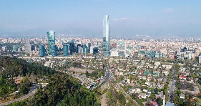 Aerial Fly Away Reveal Santiago Chile Skyline Cityscape