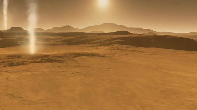 Mars landscape, dust storm with dust devils on Mars. Animation