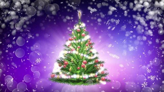 3d illustration of green Christmas tree over purple background with snowflakes and red balls