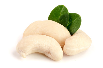 cashew nuts with leaf isolated on white background. macro