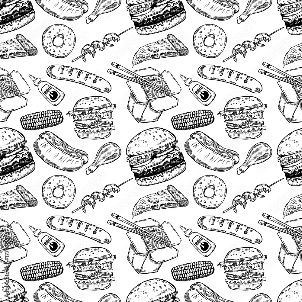 Wall mural Seamless pattern with hand drawn fast food. Burger, donut, hot dog, chinese food. Vector illustration