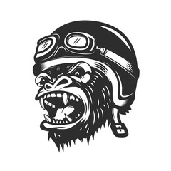 Angry gorilla ape in racer helmet. Design element for logo, label, emblem, poster, t shirt. Vector illustration