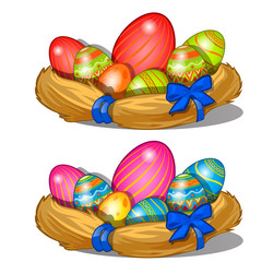 Colorful Easter eggs with delicate pattern in straw decorations. Symbol for holiday. Vector illustration in cartoon style isolated on white background