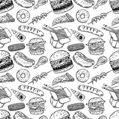 Seamless pattern with hand drawn fast food. Burger, donut, hot dog, chinese food. Vector illustration
