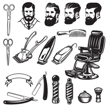 Set of barbershop design elements. scissors, shaving blades, barber chair, clipper.