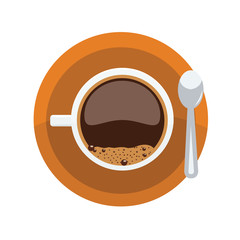 Brown cup of coffee with foam and saucer. Mock up with top view. Flat and solid color vector.
