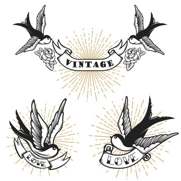 Set of retro style tattoo with swallow bird. Design elements for logo, label, emblem, sign, badge. Vector illustration
