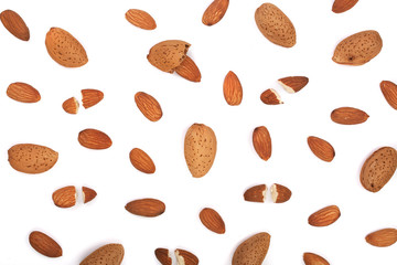 almonds isolated on white background. Flat lay pattern