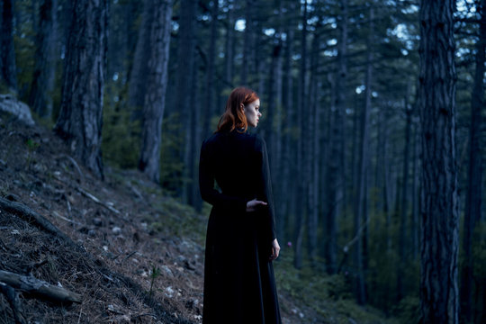 1723734 forest, woman in black dress, trees, nature, silence, twilight