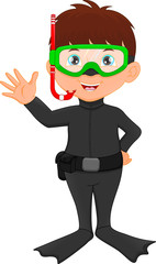 cute boy snorkeling waving