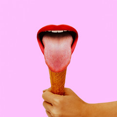 Contemporary art collage. Mouth with tongue and ice cream. Minimal design