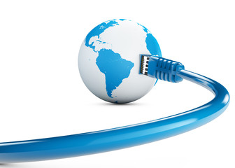 Cavo ethernet, connessione internet, velocità di banda. Il mondo nel web. Connessioni mondiali, globo. Sud America - obrazy, fototapety, plakaty