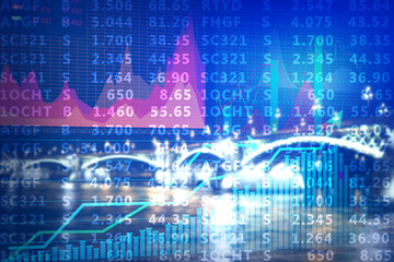 Stock exchange quotes and cityscape on background