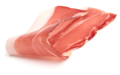 Italian prosciutto crudo or jamon. Raw ham. Isolated on white background