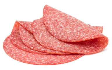Salami smoked sausage slices isolated on white background