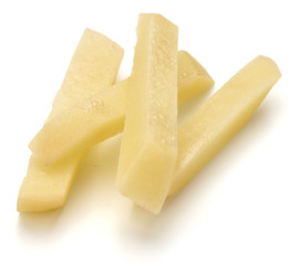 Raw Potato sliced strips prepared for French fries isolated on white background