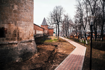 Fototapeta na wymiar ancient unapproachable stone fortress Zaraysk Kremlin Russia road around