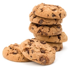 Stacked Chocolate chip cookies isolated on white background. Sweet biscuits. Homemade pastry.
