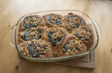 traditional homemade cakes filled with sweet curd cheese and on top are plum jam