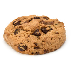 One Chocolate chip cookie isolated on white background. Sweet biscuit. Homemade pastry.
