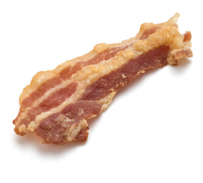 cooked crispy slice of bacon isolated on white background